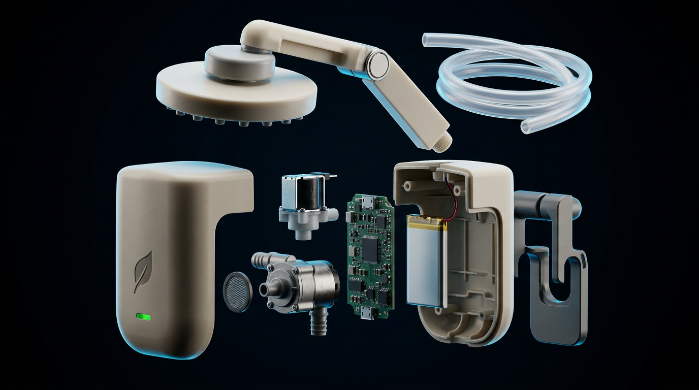 Exploded teardown of the AquaArc mini-sprinkler: shower head and arm, water tube, split outer shell, valve, pump, filter, control board, battery and pot clip on a dark background