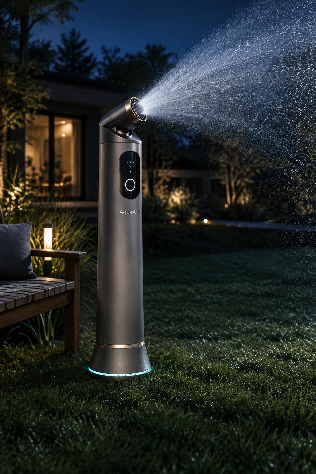 AquaArc N2, a four foot tall smart irrigation tower with a moving shower head